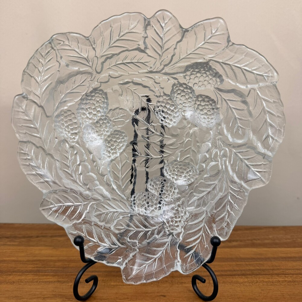 Indiana Glass Loganberry Glass Serving Dish Embossed Leaf and Berry